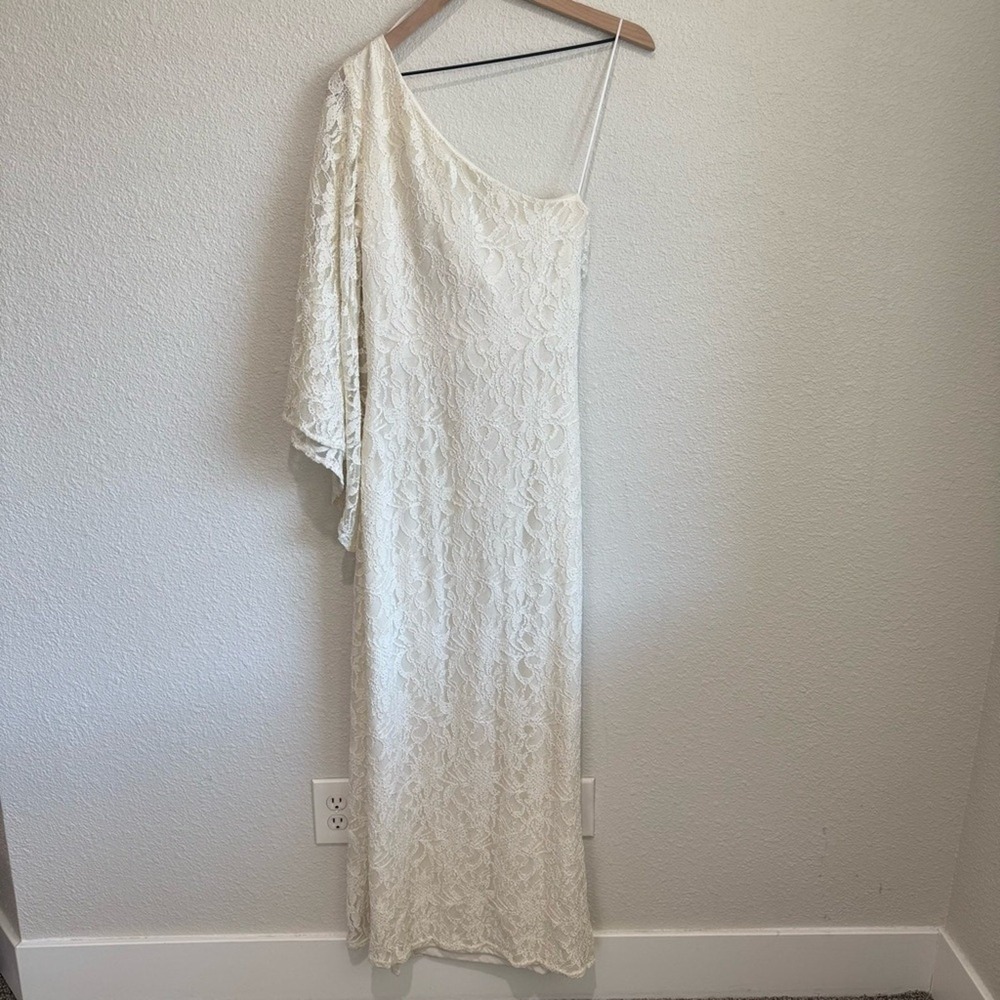 Nightway Womens One‎ Shoulder Lace Sequin Maxi Dress Ivory Bell Sleeve Size 14